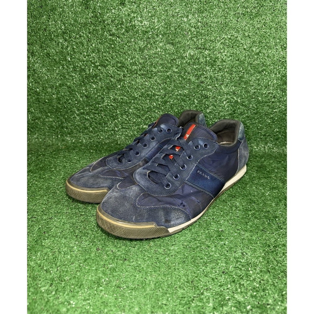 PRADA Mens Size 13 US Suede Leather Nylon Shoes Navy Red Stripe‎ Luxury Sneakers - Picture 3 of 14